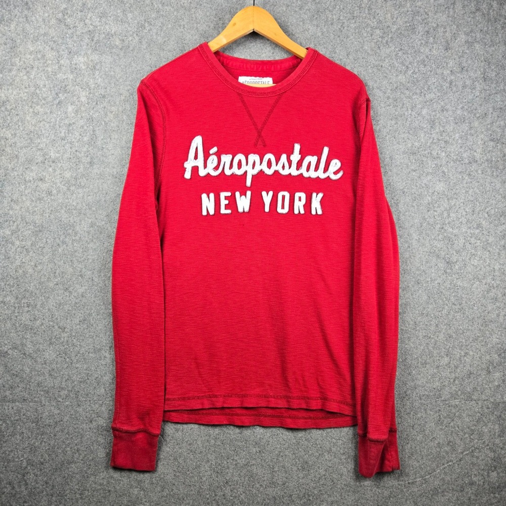 Aeropostale Thermal Shirt Mens Medium Red New York Graphic Long Sleeve Skater